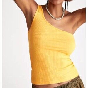 Anthropologie Ribbed One Shoulder Tank Yellow Stretch Comfort Women's Medium